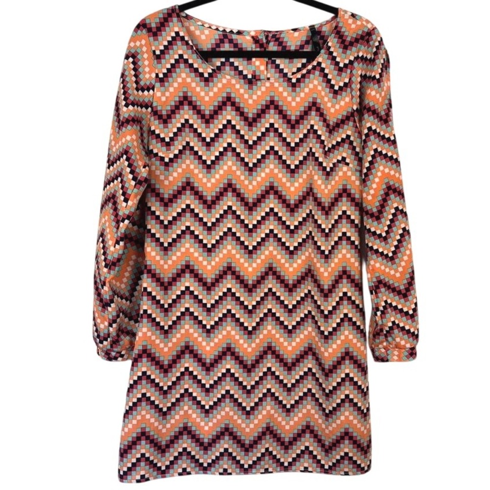 Mona B‎ Women's Retro Chevron Shift Mini Dress Long Sleeve Button Back Size M